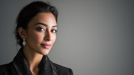 Confident Elegance: A sophisticated woman exudes poise and charisma, her gaze conveying self-assuredness. Her composed expression and refined demeanor create an air of elegance.