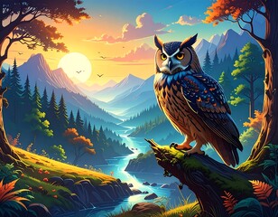 A majestic owl perched on a mossy branch, overlooking a vibrant landscape of rolling hills, a flowing river, and a glowing sunset