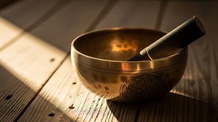 Golden Singing Bowl with Mallet on Wooden Surface