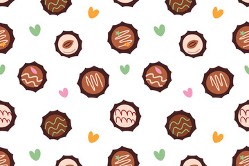 Flat cartoon vector illustration of chocolate candy pattern with assorted fillings and decorative toppings, sweet dessert, cozy mood, seamless design for packaging, backgrounds and culinary projects