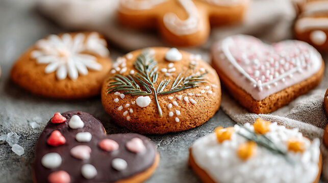 Festive gingerbread cookies decorated with icing and candy details create a charming and cozy holiday treat.