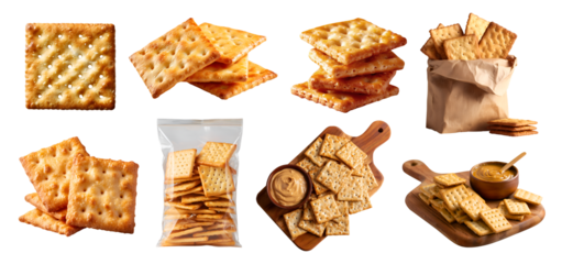 Set of square crackers, crispy flat baked thin biscuit snack staple food, takeaway bag package, wood serve board with peanut butter, stack pile broken, transparent cutout PNG. Many different Mockup	
