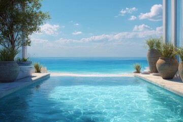 Obraz premium Relaxing sea view from a stunning pool overlooking the sparkling ocean on a clear sunny day