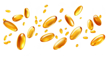 A dynamic arrangement of golden oil capsules scattered across a clean white background. their shiny surfaces and varied sizes. ideal for health and wellness product imagery