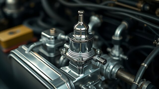 carburetor. Polished chrome carburetor in a vintage automobile engine, mechanical detail. mobility guides, transit brochures, designed for transport & logistics marketing, used by product marketers.