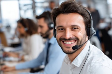 Happy consultant engaging in a call at a modern contact center with colleagues focused on their tasks