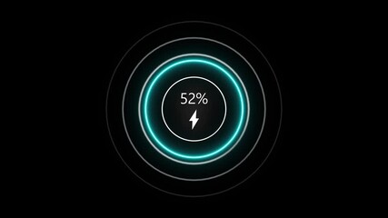 Neon loading animation counting from 0 to 84%, featuring a glowing green circle, and a charging connector on black background. Charging screen 84% percent, screen call phone display charging battery