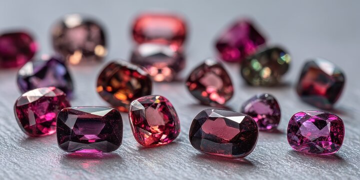 Rhodolite garnet stones shine with rainbow colors on a soft gray background, showcasing their unique beauty and craftsmanship in natural gemstones