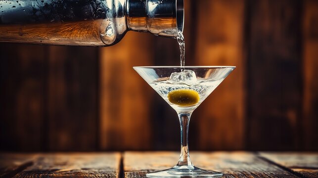 Classic martini cocktail being poured from a shaker into a glass with olive and ice cubes drink shot