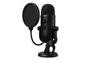 Black modern usb microphone with pop filter for broadcast, podcasting, recording voice, audio, and streaming, transparent background