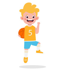 A cartoon boy in a yellow jersey holds a basketball and smiles while raising one hand.