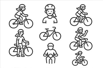 Obraz premium Minimalist line art featuring various cyclists riding bikes, helmeted rider portraits, and bicycle profiles