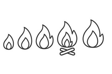 Outline icons of fire, flame intensity progression, and bonfire symbols