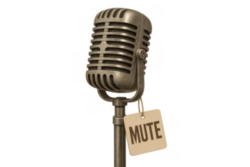 Vintage metal microphone with a mute tag, symbolizing censorship, silence, controlling speech, podcasting, and broadcasting