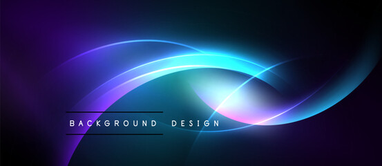 Abstract neon lights create flowing curves. Dark background emphasizes vibrant blue, purple hues. Text reads background design.