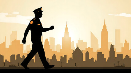 Silhouette of a Police Officer Walking with a Cityscape Background