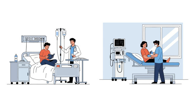 A flat illustration depicts a male patient reading in a hospital bed while a doctor checks his IV drip, alongside another patient getting examined in a blue-toned