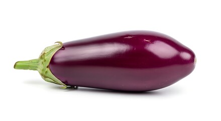 A single, smooth, deep purple eggplant with green stem and sepals rests on a white background, lit to highlight its curves