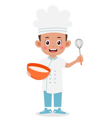 A cartoon boy wearing a chef's hat and uniform holds a bowl and whisk.