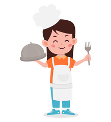 A cartoon girl wearing an apron holds a covered dish and fork.
