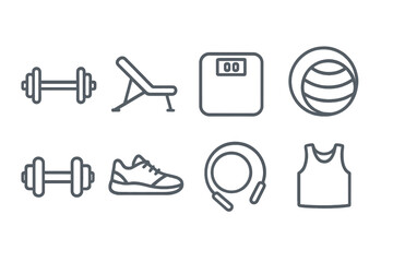 Minimalist collection of gym training equipment, fitness accessories, dumbbells, and athletic shoes