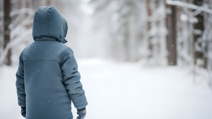 Child in Winter Coat Gazing at Snowy Forest Landscape, Back View