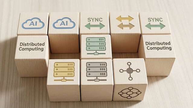 Wooden blocks depicting ai distributed computing and synchronization concepts illustrating modern technology and data management solutions for business and it