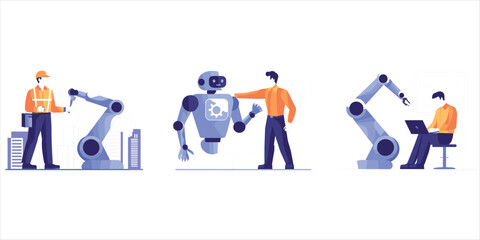 Industrial automation concept with robots and people in a modern setting factory technology