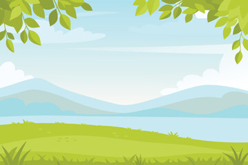 Fototapeta premium a serene landscape featuring green grass mountains water and a blue sky