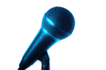 Blue microphone glowing with bright light, representing live public performance, music recording, and sound engineering
