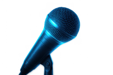 Blue microphone glowing with bright light, representing live public performance, music recording, and sound engineering
