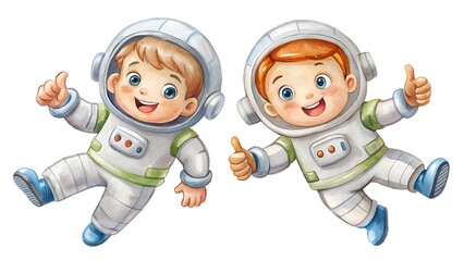Two happy cartoon children in astronaut suits giving thumbs up