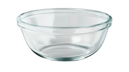 A clear glass bowl with a rounded shape sitting on a black surface in a studio setting on transparent background
