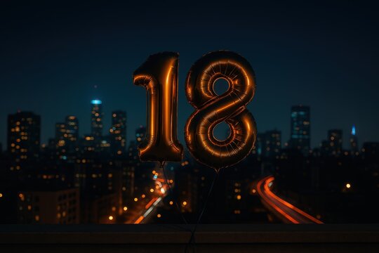 Celebrating the Milestone of Turning Eighteen with Golden Balloons against a Night Cityscape Evoking Freedom and New Beginnings captured with clarity