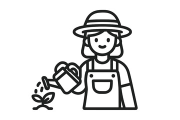 Fototapeta premium Gardener character wearing a hat and apron watering a young plant sprout with a can