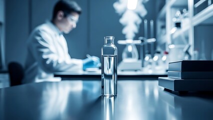 Clear liquid in a glass bottle stands on a reflective lab table as a scientist works in the background in a modern scientific research laboratory setting