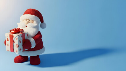 Santa Claus with Gift Box on Blue Background - Festive Christmas Illustration