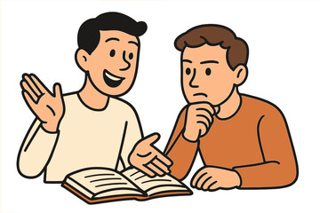 Fototapeta premium Two young men studying together, one explaining concepts from an open book