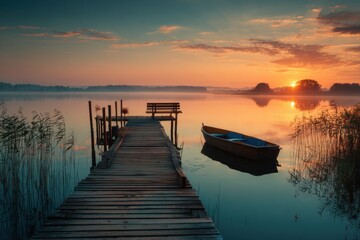 Obraz premium Wooden pier stretches over tranquil lake at sunset, creating a serene summer scene with a boat gently floating in calm waters and warm hues painting the sky