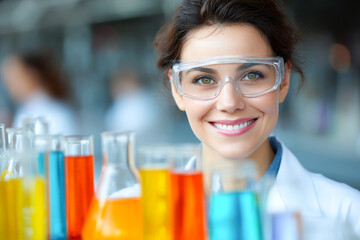 Chemistry teacher demonstrates experiments using colorful beakers in a laboratory Generative AI