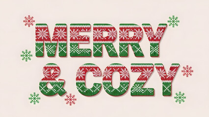 Festive 'Merry & Cozy' Text with Knitted Texture and Snowflakes on Beige Background