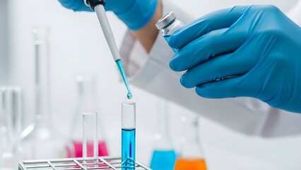 Scientist carefully adds blue liquid to a test tube in a laboratory setting for medical research and pharmaceutical development with precision