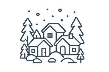 Fototapeta premium Minimalist winter village scene with houses, pine trees, and falling snow