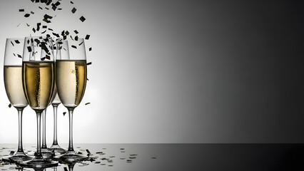 Champagne flutes with confetti on a reflective surface, celebrating a special occasion