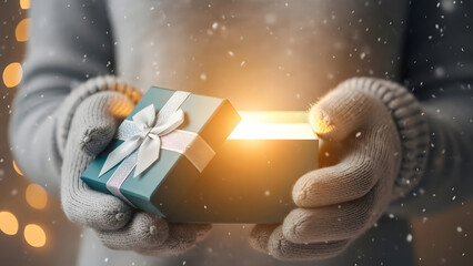 Magical Christmas Gift: Hands in Mittens Opening a Glowing Present in the Snow