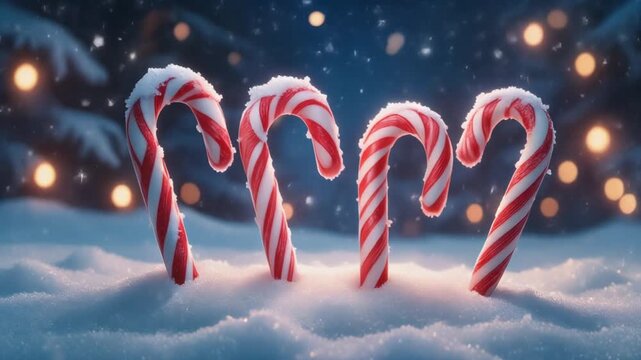Row of frosted candy canes planted in the snow