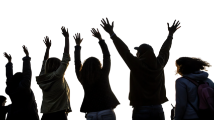 Group of people, with arms raised in celebration against a dark background, cutout, PNG, isolated on white or transparent background, AI