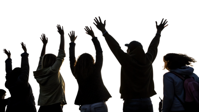 Group of people, with arms raised in celebration against a dark background, cutout, PNG, isolated on white or transparent background, AI - Powered by Adobe