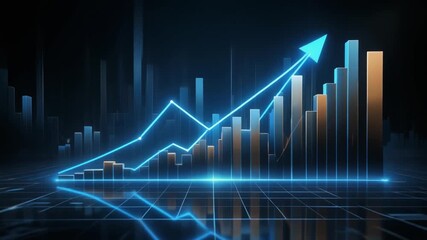 Futuristic Neon Blue Line Graph and Bar Chart Showing Upward Trend on Dark Grid Background business finance - Powered by Adobe