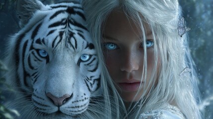 Woman with white hair and a white tiger gazing towards the viewer
